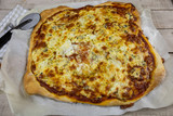 homemade cheese pizza on a table