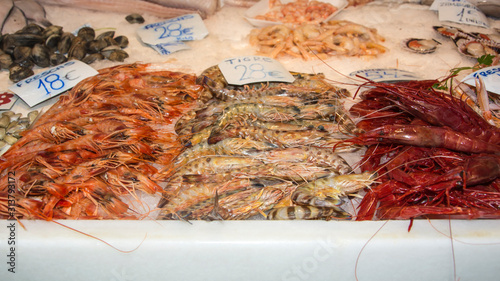 Langostinos tigre, carabineros, almejas, zamburiñas y gambas / Tiger prawns, red prawns, clams, scallops and prawns