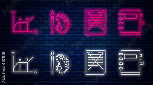 Set line Paint brush with palette, Exam paper with incorrect answers survey, Pie chart infographic and Notebook. Glowing neon icon on brick wall. Vector