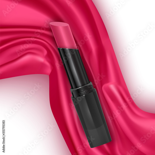 Realistic red lipstick on bright pink silk or velvet fabric background, cosmetic Open tubes with cosmetics for women makeup, advertising poster for magazine, vector eps 10 format
