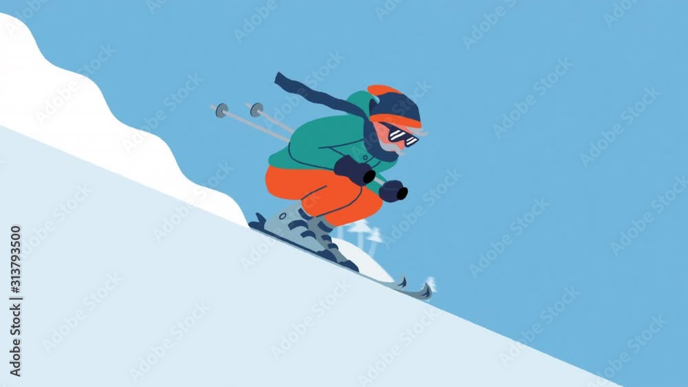 Senior skier on piste in downhill position with fluttering scarf. Winter sports motion graphics. 2D computer animation in flat design style. 