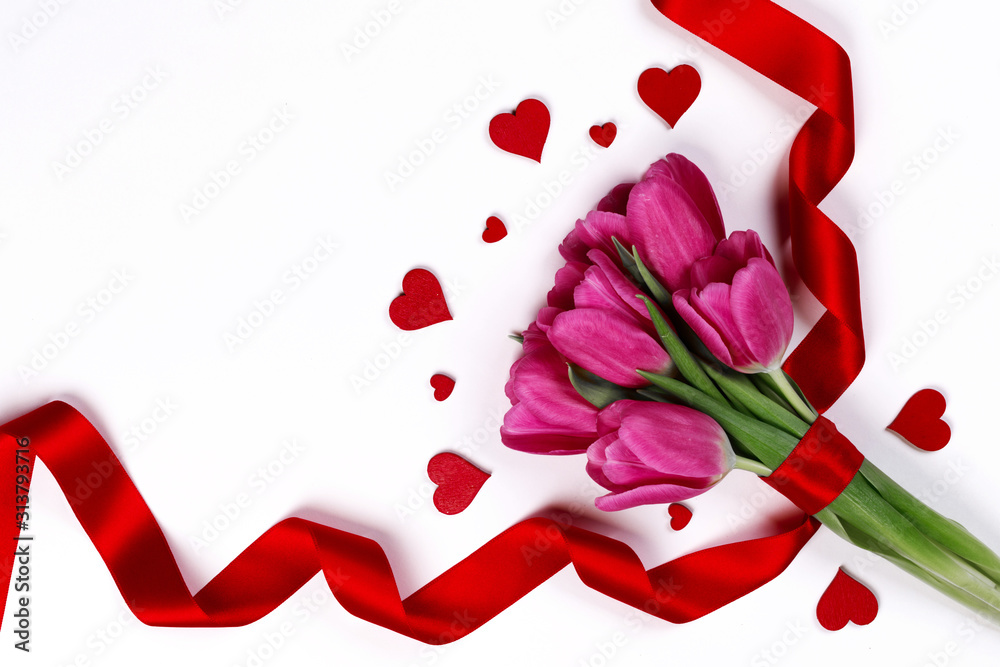 Tulip flowers and hearts on white Tulip flowers and hearts on white