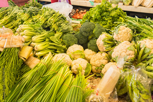 Mixed vegetables in local market in Thailand,mixed green asia vegetables.