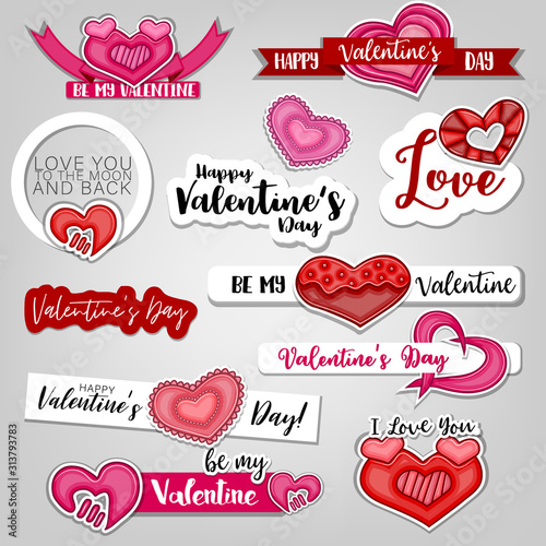 Valentines day stickers. Hearts decoration graphics. Vector illustration.