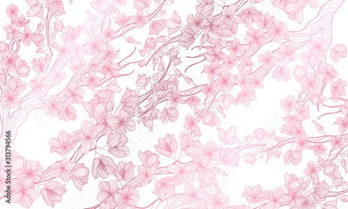 Vector horizontal background with line art sakura flowers. Hand drawn illustration of romantic sakura cherry blossom flower. Pink gold outline backdrop with cherry flower. 