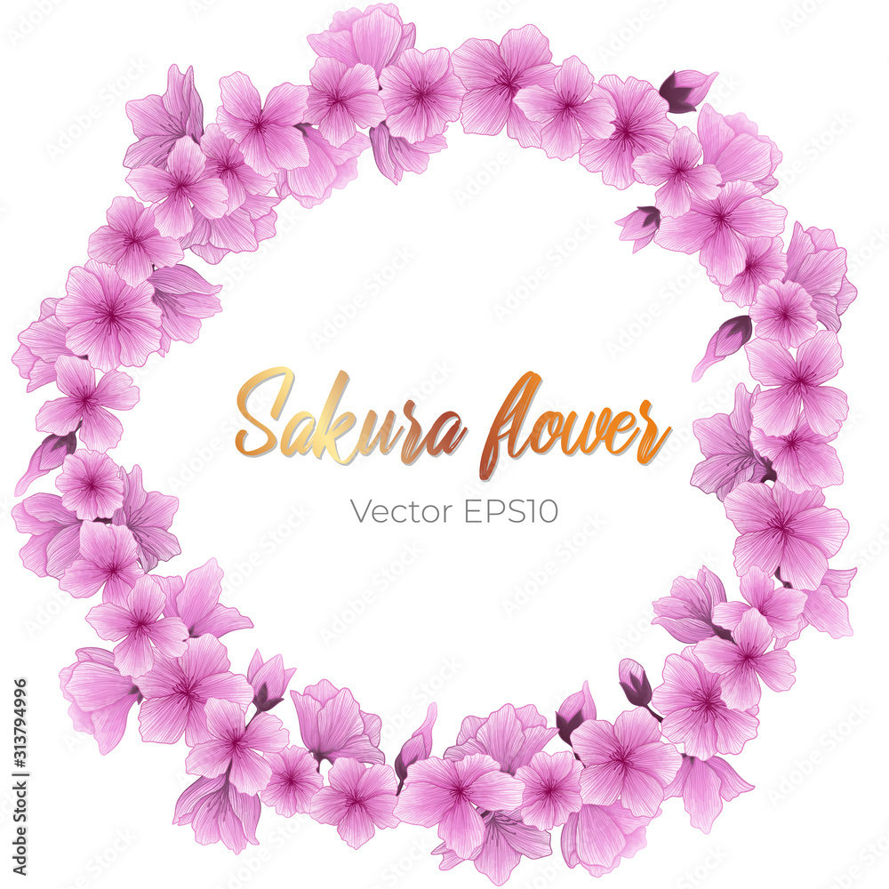 Romantic spring wreath with japanese sakura flowers. Vector hand drawn illustration of cherry blossom flower isolated on white background. Circlet banner with sakura flowers. Place for text. Romantic spring wreath with japanese sakura flowers. Vector hand drawn illustration of cherry blossom flower isolated on white background. Circlet banner with sakura flowers. Place for text.