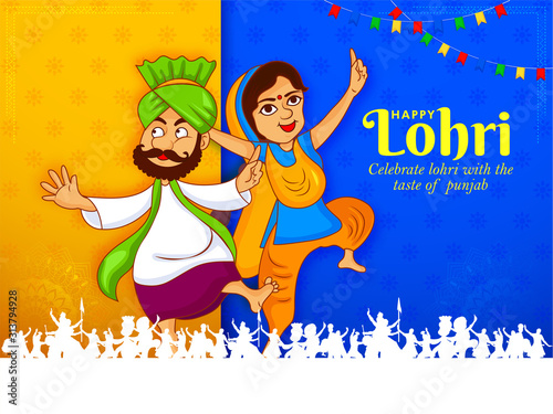 Beautiful vector Illustration of Happy Lohri holiday background greeting card for Punjabi festival.Man and women dancing bhangra.