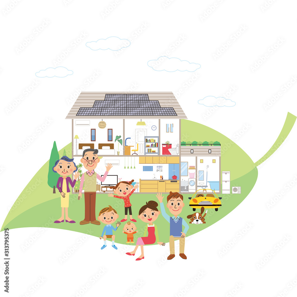 Obraz premium 葉に乗ったエコ発電の家と三世代家族