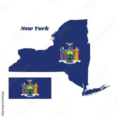 Map outline and flag of New York and the state name. Coat of arms of the state of New York on blue.