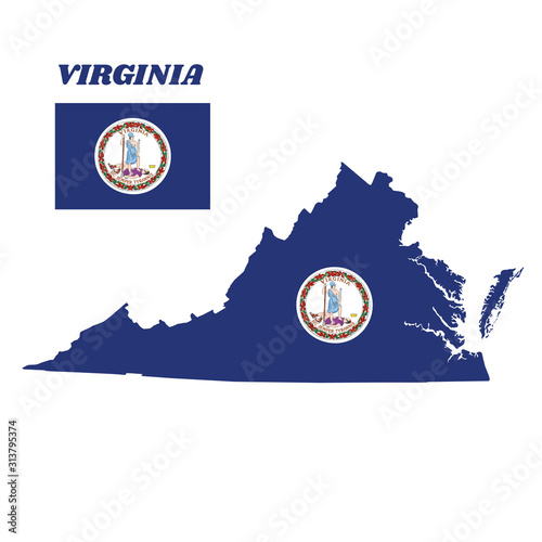 Map outline and flag of Virginia and the state name. Obverse of the Seal of Virginia on an azure color.