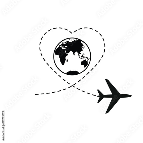Globe vector icon with plane Airplane path. Plane  travel route. heart path vector icon