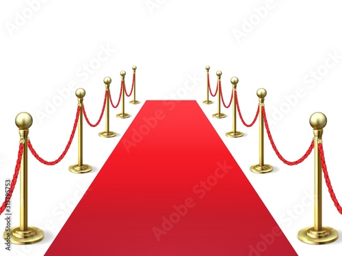 3d rendering red rug. Event celebrity carpets with rope barrier. Vip interior. Kino academy movie premiere vector background