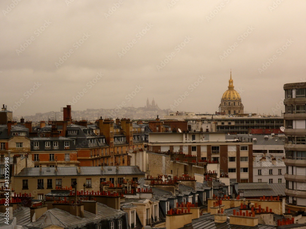 Toits et cheminées de Paris Sacré Coeur en fond