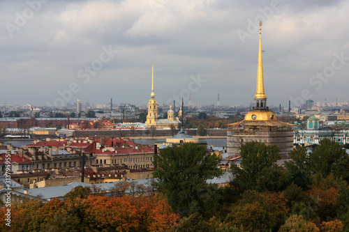 Skyline with the spires of the Admirality building and the Peter and Paul Cathedral - seen from the St. Isaac Cathedral in St. Petersburg, Russia