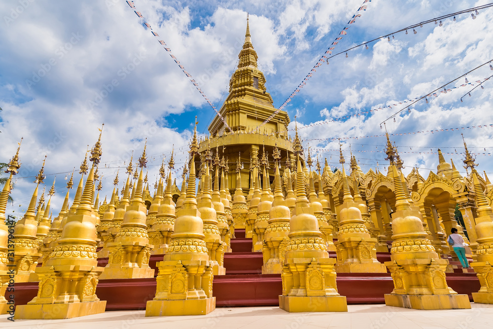 Naklejka premium Saraburi , Thailand - January, 2, 2020 : Golden pagoda at Wat pa sawang boon temple , Saraburi , Thailand