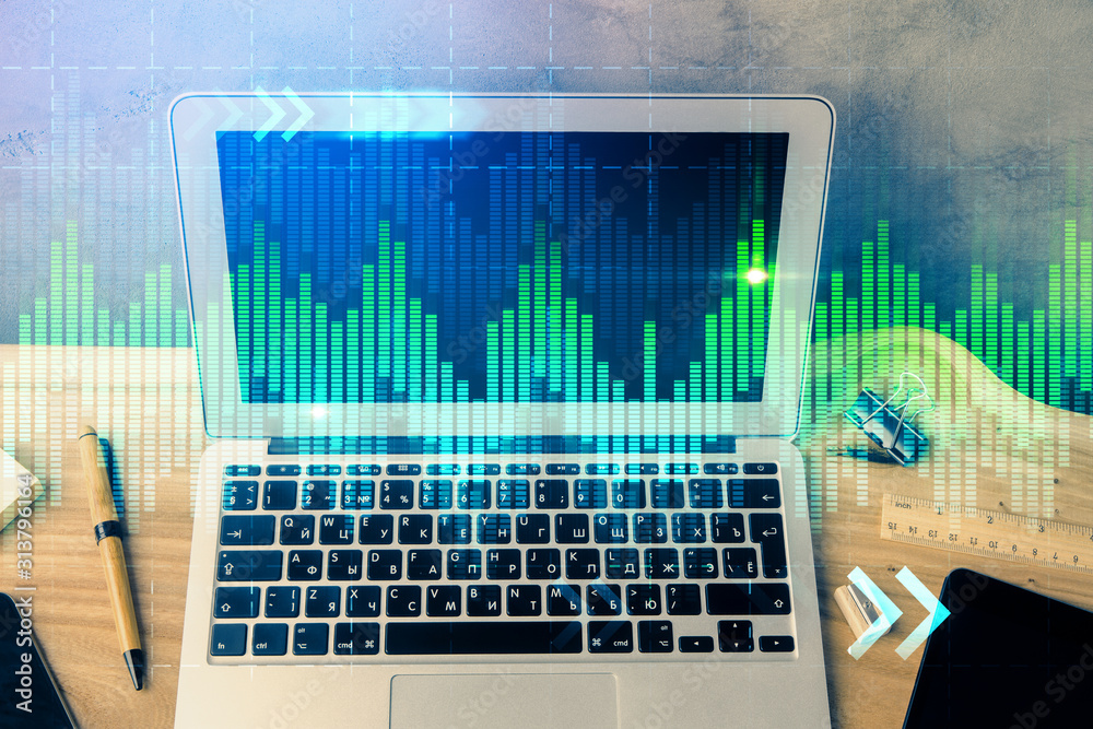 Double exposure of forex graph and work space with computer. Concept of international online trading. Double exposure of forex graph and work space with computer. Concept of international online trading.