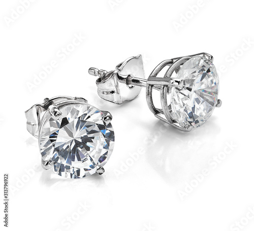 Large Diamond Solitaire Earrings Isolated on White Background photo