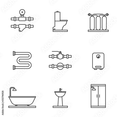 Set of plumbing icons. Contains icons associated with the bathroom, the water supply and purification system. Isolated vector on a white background