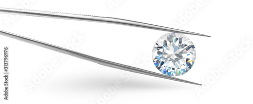 Round Brilliant Cut Diamond in Tweezers Isolated on White Background photo