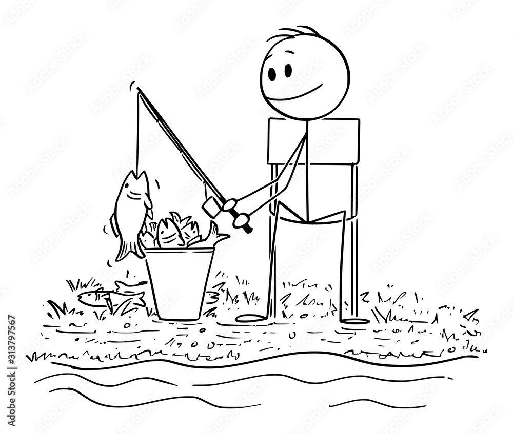 Vector cartoon stick figure drawing conceptual illustration of successful  fisherman or man with rod fishing fish on the lake or river bank. Placing a  lot of catch in the bucket. Stock Vector |