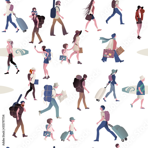 Group of tourists walking carrying suitcases, backpacks and surfboards. Pattern seamless