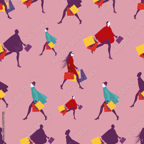 Seamless pattern of elegant and fashionable women with shopping bags