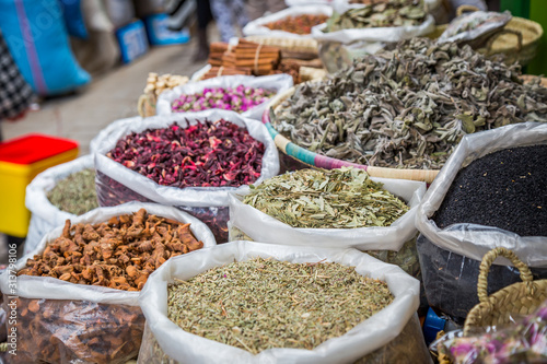 Spices and herbs from a moroccan market in the Medina of Fes © JeanLuc Ichard