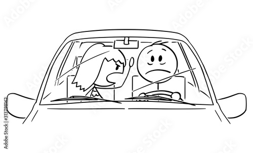 Vector cartoon stick figure drawing of tired, unhappy,sad or stressed man or driver driving a car, while his wife or woman of passenger seat is shouting at him.