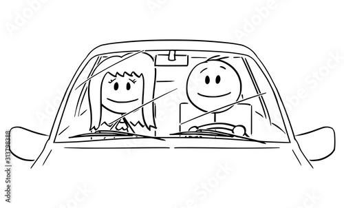 Vector cartoon stick figure drawing conceptual illustration of happy smiling man or driver enjoying driving a car. Front view.