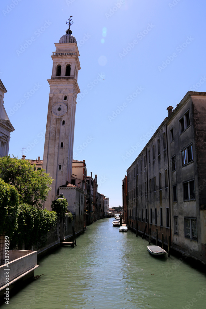 Leaning campanile of the Roman-Catholic church San Giorgio dei Greci in Venice, Italy