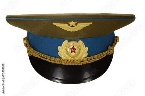 Summer headdress, military cap of an officer of the Soviet air force on an isolated white background.