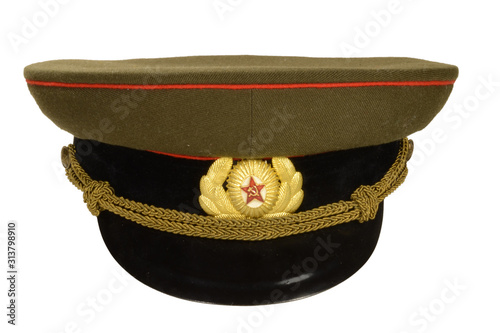 Summer headdress, old military cap of an artillery officer of the Soviet army during the great Patriotic war on an isolated white background.