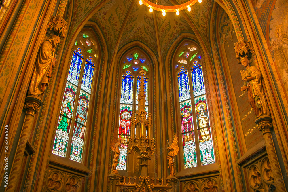 Detail of the interior of the Church of the Assumption of the Buda Castle, more commonly known as the Matthias Church, located in Budapest, Hungary