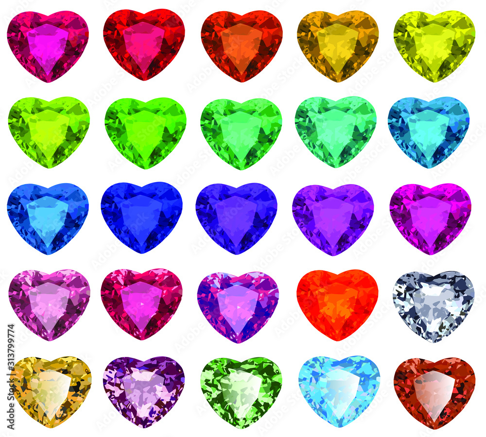 Illustration set of cut gemstones with heart in different colors
