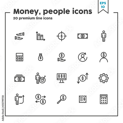 People and money thin line icon. Concept of making  investments. Vector illustration symbol elements for web design and apps