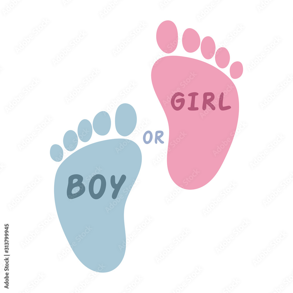 Baby Shower greeting card with text boy or girl and kids footprint