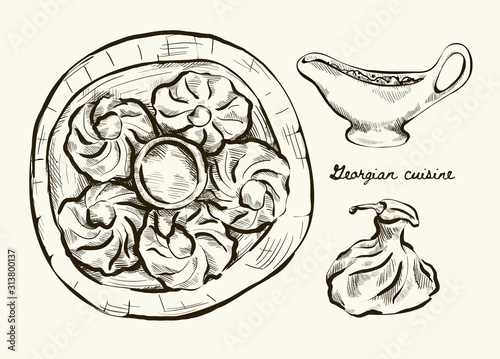 Hand drawn graphic illustration georgian cuisines.