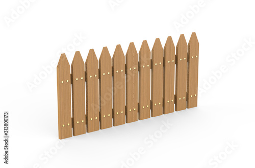 Fototapeta Naklejka Na Ścianę i Meble -  Brown wooden fence on isolated white background with old parallel plank, 3d illustration