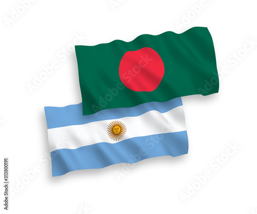 National vector fabric wave flags of Bangladesh and Argentina isolated on white background. 1 to 2 proportion.