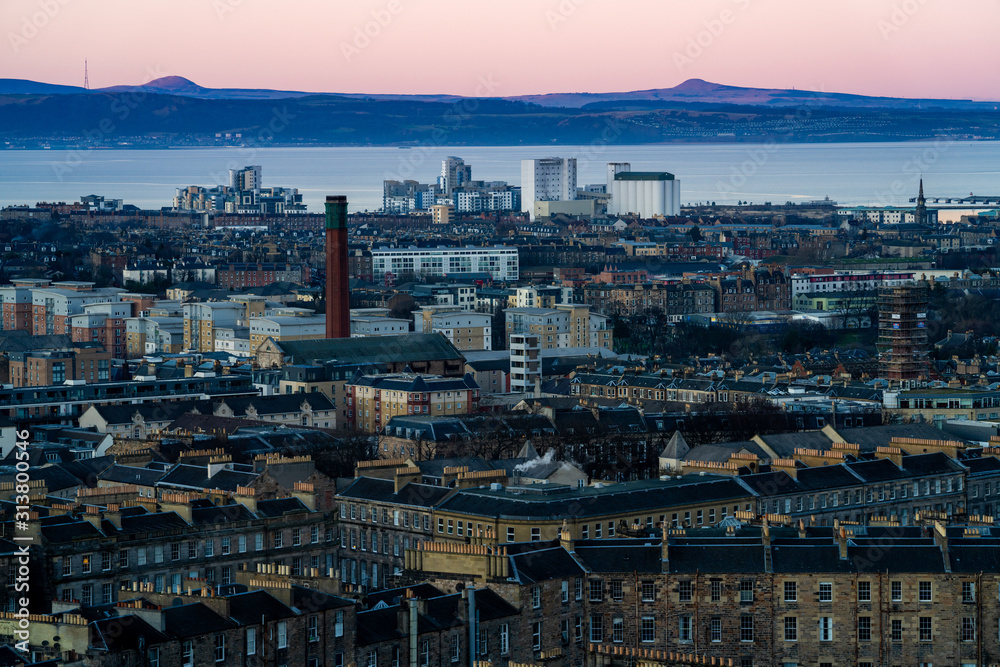 View over the City of Edinburgh towards Leith Docks and the Firth of Forth from Carlton Hill