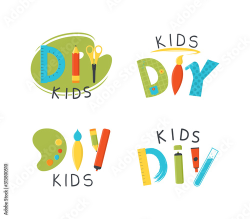 DIY kids logo template. Vector illustration. Kids creative club or center logos. Colorful labels of children craft lab.