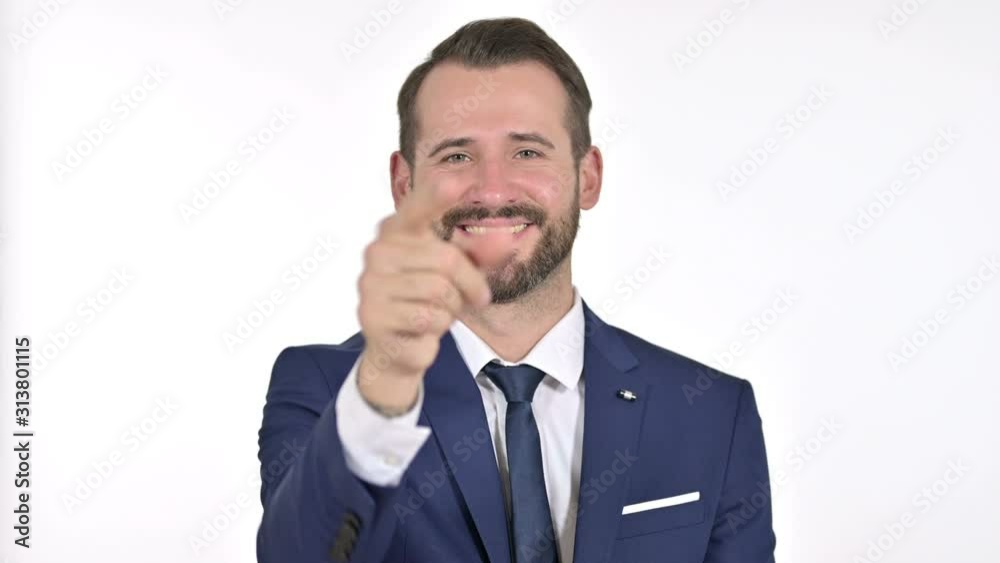 Businessman Pointing Finger and Inviting, White Background Businessman Pointing Finger and Inviting, White Background
