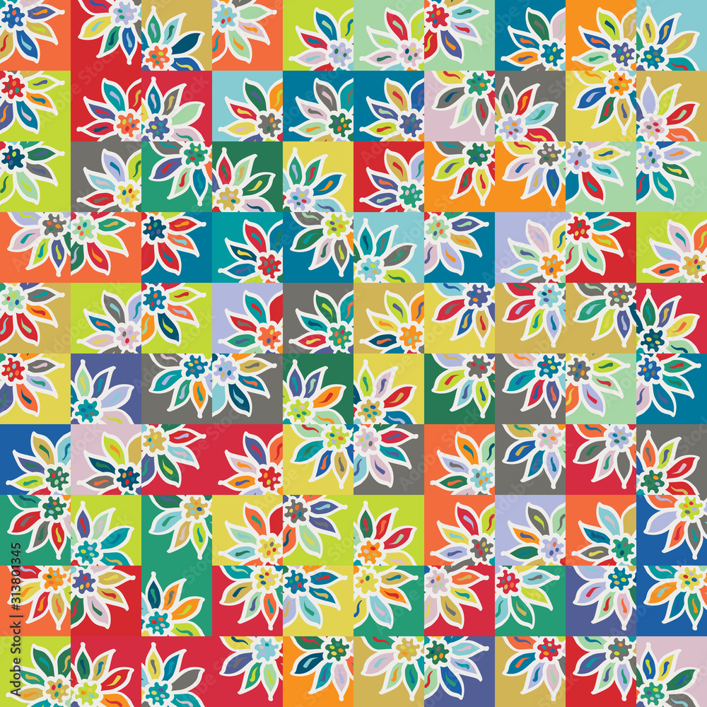 Funky stylized rainbow geo square naive floral micro flower power design. Seamless repeat vector eps 10 pattern swatch. Funky stylized rainbow geo square naive floral micro flower power design. Seamless repeat vector eps 10 pattern swatch.