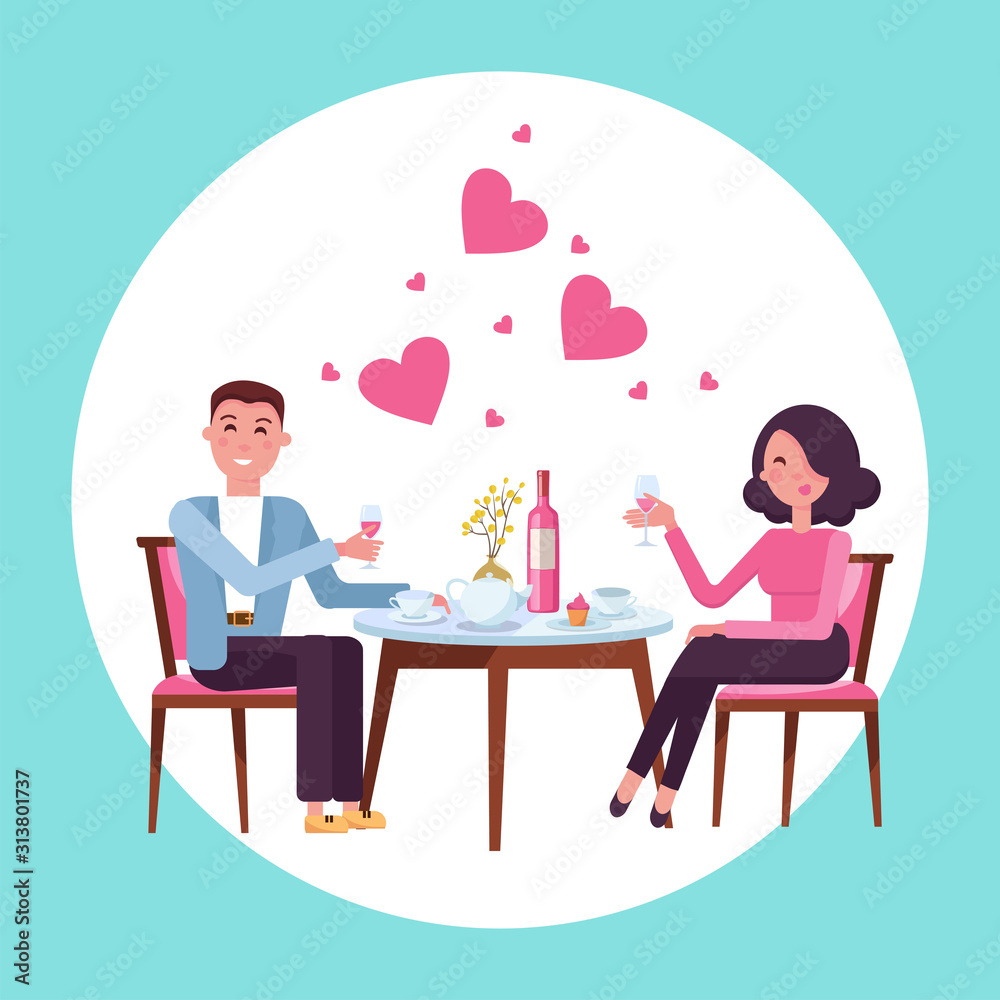 Plakat Romantic Valentine's day date of man and woman in restaurant. Couple in love. People sitting at the table with a glass of wine. Romance relationship. Isolated flat vector illustration