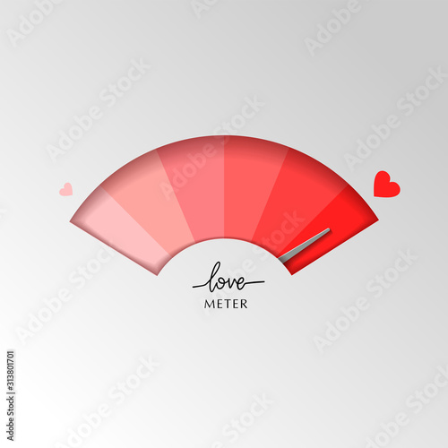 Valentine card with love gauge concept design on white background suitable for cards, postcards, promotion. Layered love meter in the form of a speedometer. Vector illustration