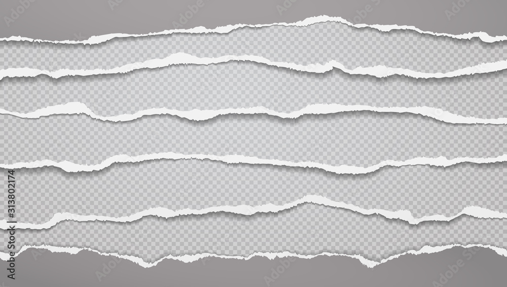 Pieces of torn horizontal white paper pieces and strips with soft shadow are on grey squared background for text. Vector illustration Pieces of torn horizontal white paper pieces and strips with soft shadow are on grey squared background for text. Vector illustration