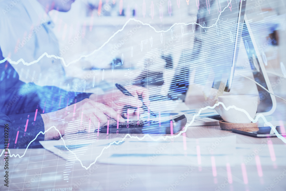 Forex graph with businessman working on computer in office on background. Concept of hardworking. Closeup. Multi exposure. Forex graph with businessman working on computer in office on background. Concept of hardworking. Closeup. Multi exposure.
