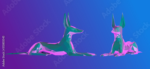 Vaporwave Anubis. Set of Psychedelic Egyptian Gods on Retro Background. Low Poly Vector 3D Rendering