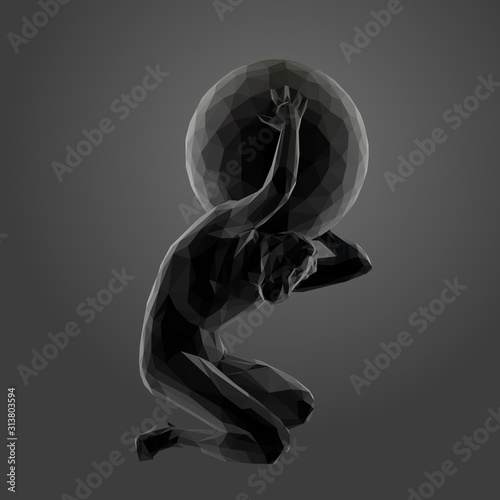 Titan Atlas in Black and White. Dark Low Poly Vector Greyscale Silhouette 3D Rendering