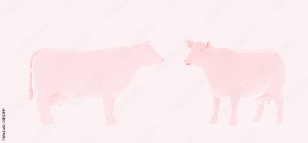 Obraz premium Romantic Cow. Set of Pink Cows on Feminine Background. Low Poly Valentines Vector 3D Rendering